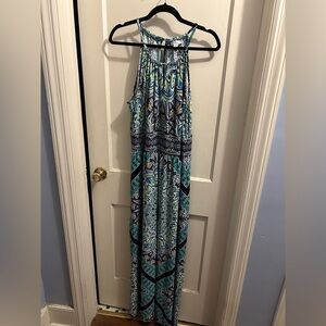 London Style Collection halter maxi dress green blue boho pattern size 18